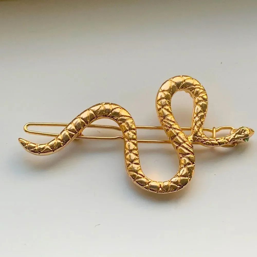 Snake Barrette with Green Eyes - Serpent Punk Edgy Gold Tone Hair Accessory